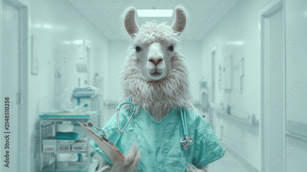 Naklejka premium Gentle Llama Nurse Standing in a Bright Hospital Hallway