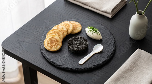 Caviar Served with Blini and Creme Fraiche