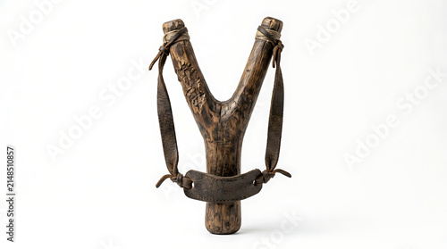Rustic wooden slingshot with leather pouch isolated on a clean white background studio shot