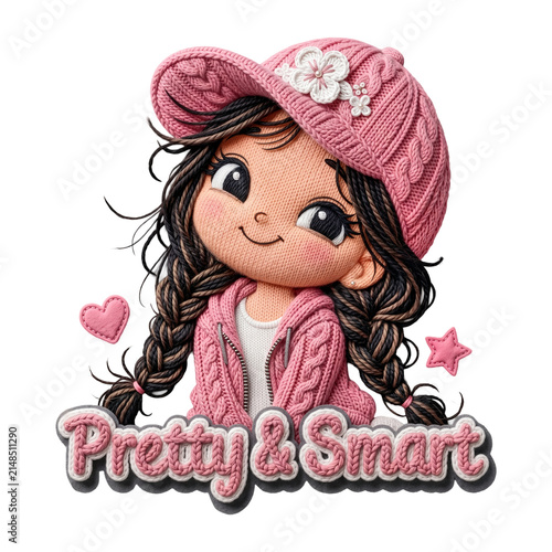 Knitted Style Girl with Braids and Cap Cute Character Illustration