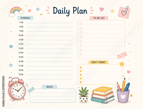 Printable daily planner with hourly schedule, to do list, notes and reminder sections. Cute pastel stationery design for school, study planning and daily organization.