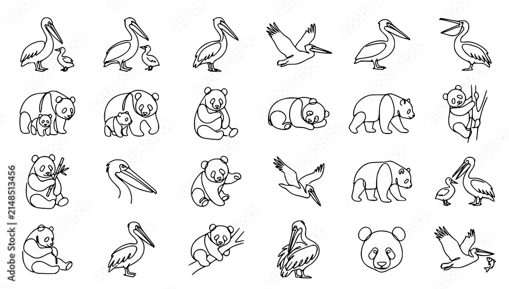 Fototapeta premium Pelican Panda Family Minimalist Continuous Line Art Vector Collection