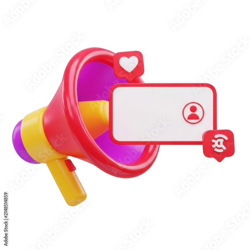 3d rendered megaphone with notification and social media elements