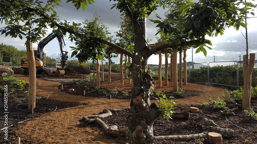 Landscape with newly planted trees and excavator working outdoors. Park under construction with digger in background