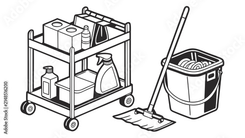 Housekeeping cleaning supplies cart and mop bucket with cleaning, janitorial