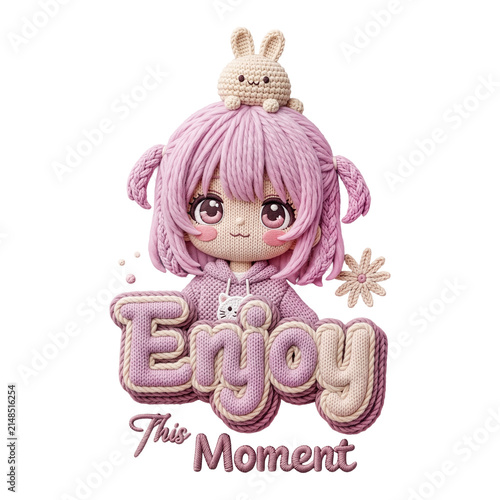 Knitted Crochet Cute Anime Girl With Bunny Hair Accessory Illustration Sticker