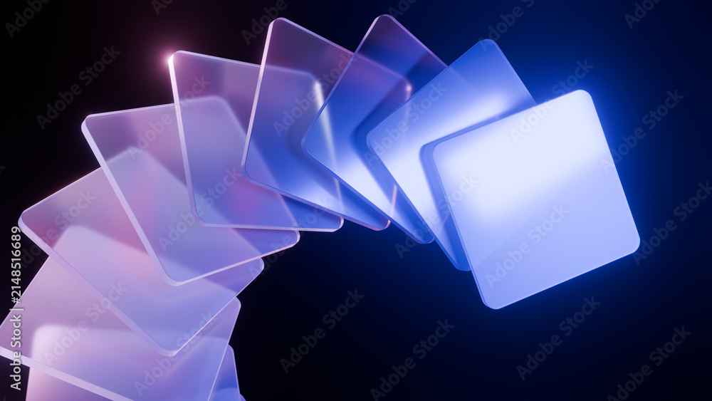 Translucent squares create dynamic spiral effect against dark background, showcasing modern design and technology