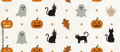 Cute Halloween pattern with witch cats ghosts and leaves