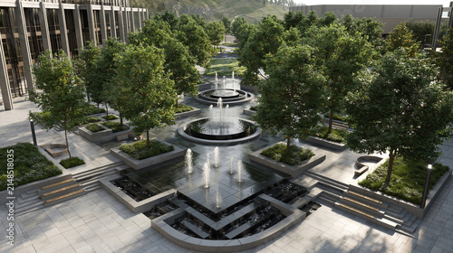 Modern park with fountain and greenery in urban landscape. Urban plaza with fountain and seating steps