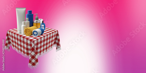A table covered with a red and white checkered tablecloth, featuring various bathroom essentials and toiletries including towels, soap dispensers, and bottles against a pink gradient background