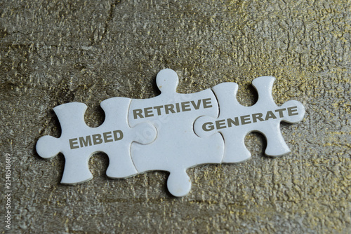 Фотография Piece of jigsaw puzzle with word embed retrieve generate.