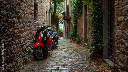 Red scooter parked in narrow cobblestone alley with greenery