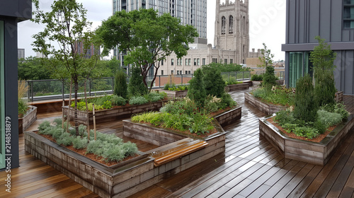 Urban rooftop garden with wooden planters and greenery in city