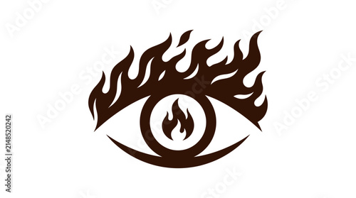 Stylized burning eye with flame pupil logo.