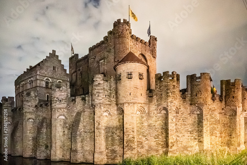 Gravensteen Castle Walls and Towers Against a Cloudy Sky in Ghent, Belgium