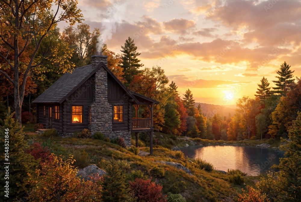 Fototapeta premium Cozy log cabin in autumn forest at sunset with warm glowing fireplace