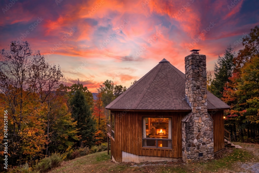 Fototapeta premium Cozy wooden cabin sunset with autumn foliage and warm glowing fireplace