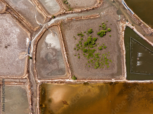 Aerial view of salt pans and aquaculture ponds with geometric shapes and a patch of green vegetation in Vietnam.