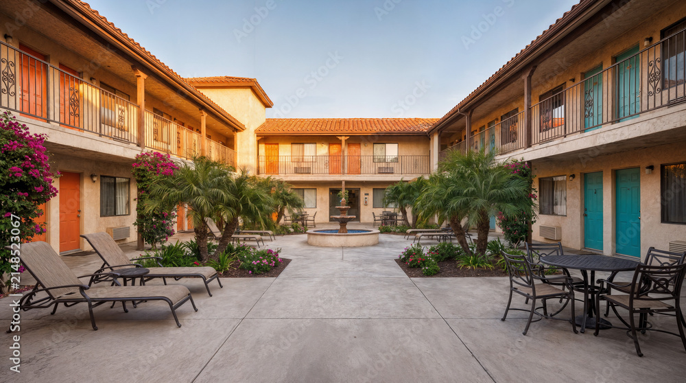 Fototapeta premium Classic American Motel Courtyard at Golden Hour with Palm Trees and Inviting Architecture