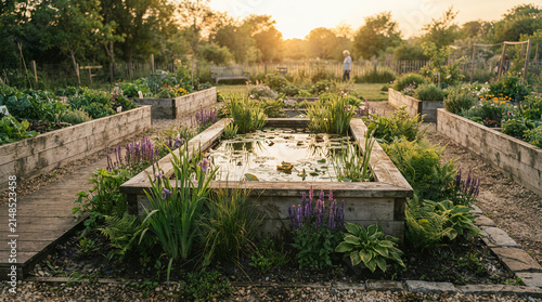 Rectangular pond surrounded by raised garden beds in golden evening sunlight