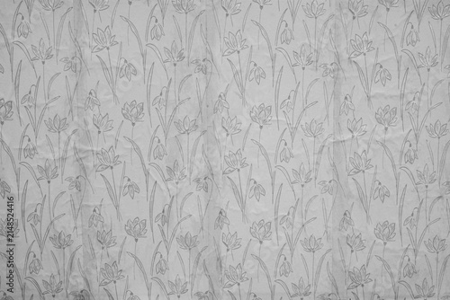 Black and white photo of old wallpaper with floral pattern.