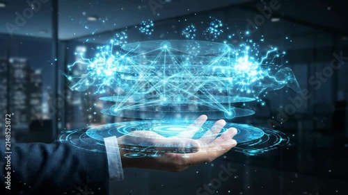 Futuristic holographic network projection above open palm glowing blue data visualization network