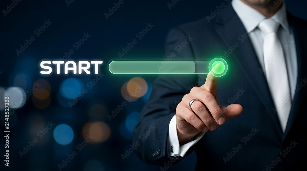 Obraz premium Businessman touching a virtual start button on a digital interface to launch a new business project
