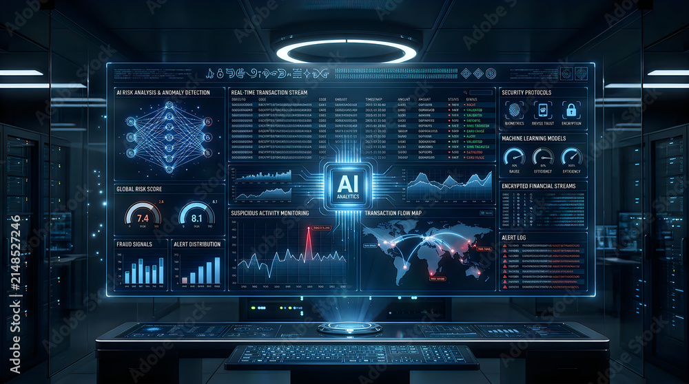 Fototapeta premium Futuristic ai analytics dashboard with showcases high tech digital interface using artificial intelligence monitor global financial transactions