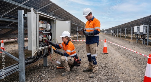 Technicians working on solar energy systems, inspecting and maintaining electrical components in renewable energy production.