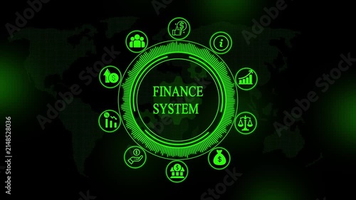 Finance system text inside a glowing green circular interface with various business and a dark map background for technology concepts