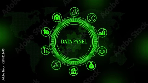 Glowing green data panel interface with circular and map background digital network concept for business and financial data analysis