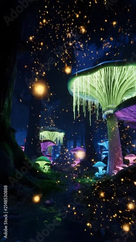 Bioluminescent mushrooms glowing in a dark fantasy forest.