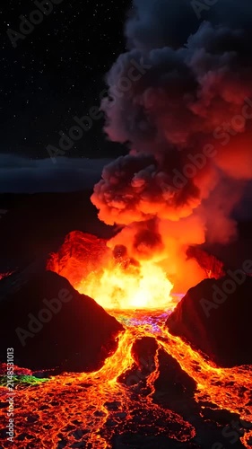 Active volcanic eruption with orange lava flows at night.