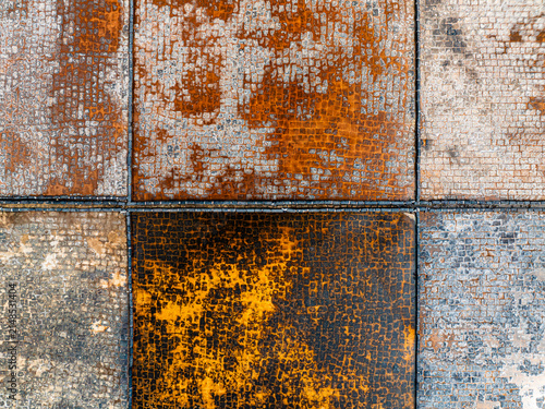Aerial view of a weathered, grid-patterned surface with rusted metal tiles and textured stone blocks in Mauritius.