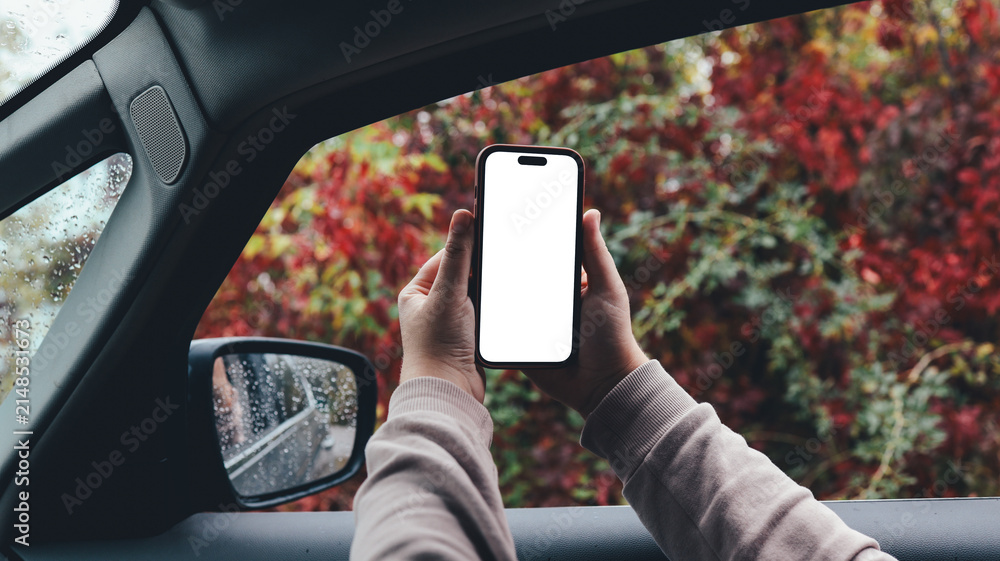 Fototapeta premium Person holding a smartphone with a blank screen inside a car during autumn