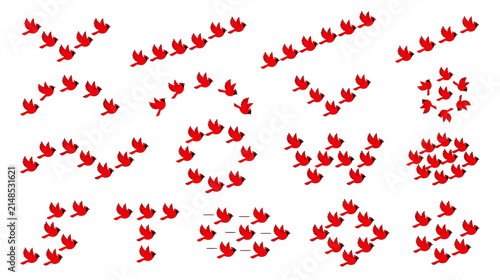 Flock of Red Birds in Various Flight Patterns