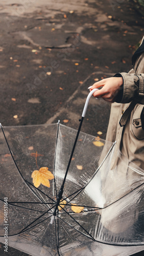 Fotografie Woman holding a transparent umbrella with autumn leaves on a rainy day