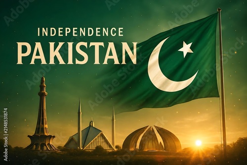 Independence Pakistan Flag Waving Over Minar-e-Pakistan Faisal Mosque And Pakistan Monument At Sunrise