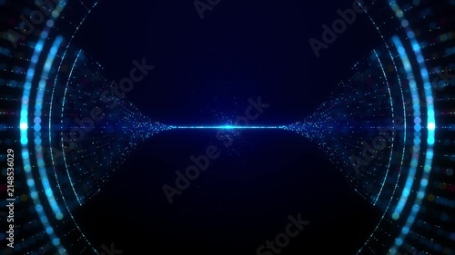 Abstract blue particle streams converging into two data flows and colliding at the center. Futuristic digital energy, AI, network communication, quantum technology and data transfer animation