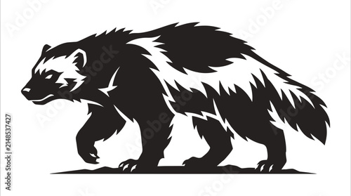 Stylized wolverine animal black and white graphic.