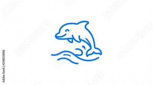 Cute Blue Dolphin Jumping Over Waves Icon.