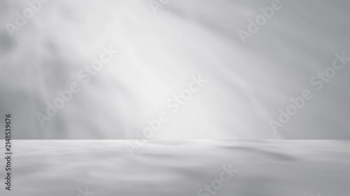 Studio background for display product. Empty room with shadows, caustics and soft lighting for product presentation. Minimalistic showcase for advertisement with purple wall and grey floor.