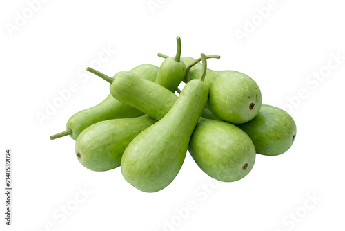 A pile of fresh organic calabash bottle gourds with green skin isolated on a transparent background
