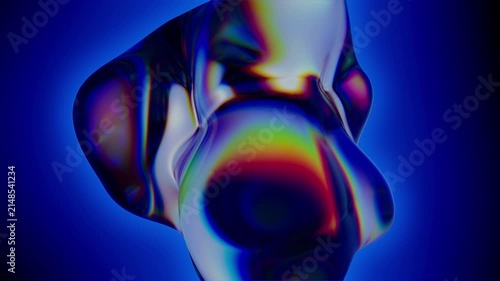 Droplet of liquid with a holographic surface. Abstract background in blue color. Seamless vj loop. Dynamically moving abstract form.
