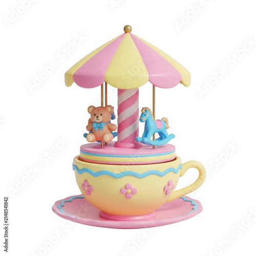Colorful carousel tea set with pink umbrella