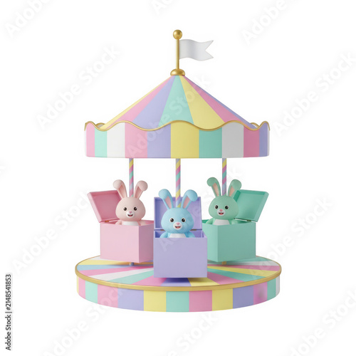 Colorful carousel with cartoon animals and children riding