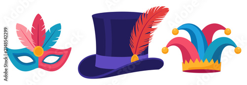 Colorful carnival mask top hat and jester hat isolated on white background for festive party celebration design