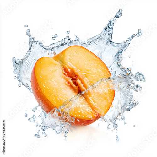 Fresh Peach Half Creating Crystal Clear Water Splash Isolated on White Background