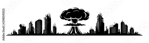 Foto Apocalypse Horizon: A stark silhouette of a devastated cityscape under a mushroom cloud, symbolizing destruction and the end of civilization