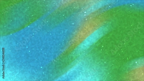 Abstract background with flowing waves of green and blue colors and subtle sparkling particles.